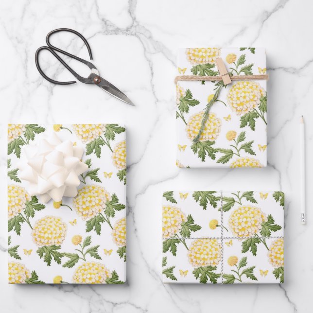 Feuille De Papier Cadeau Motif de fleurs d'hydrangea jaune élégant  (Recto)