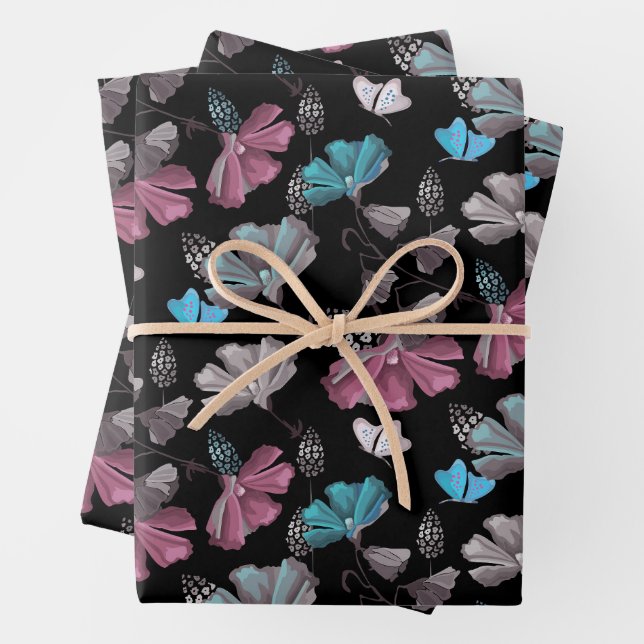 Feuille De Papier Cadeau Motif de fleurs et de papillons (En situation)