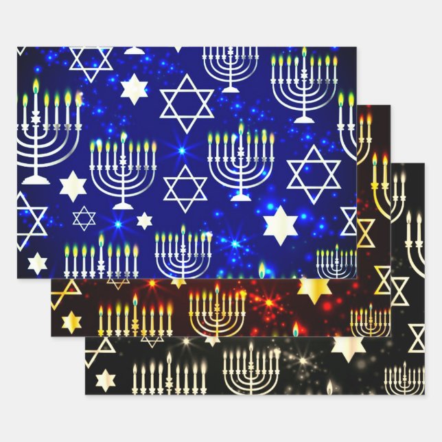 Feuille De Papier Cadeau Motif de Hanoukka Menorah (Lot)