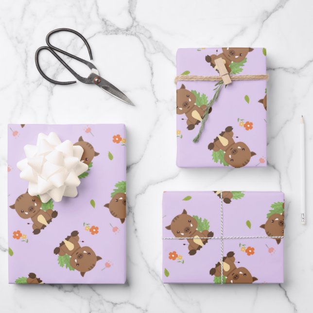 Feuille De Papier Cadeau Motif de hérisson marron mignon pastel violet (Recto)