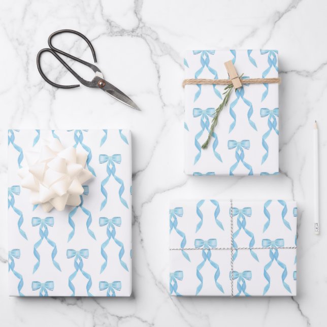 Feuille De Papier Cadeau Motif de la Bow Bleue Aquarelle (Recto)