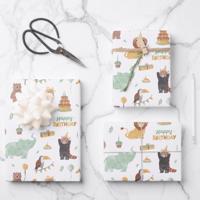 Feuille De Papier Cadeau Motif de la fête d'anniversaire de l'animal mou (Recto)