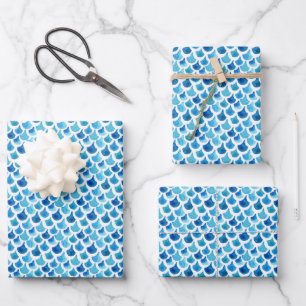 Feuille De Papier Cadeau Motif de l'échelle d'aquarelle bleue