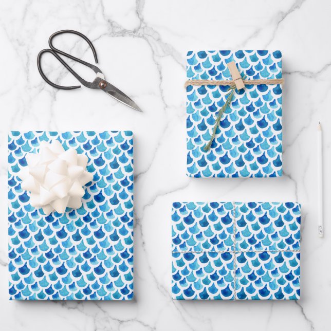 Feuille De Papier Cadeau Motif de l'échelle d'aquarelle bleue (Recto)