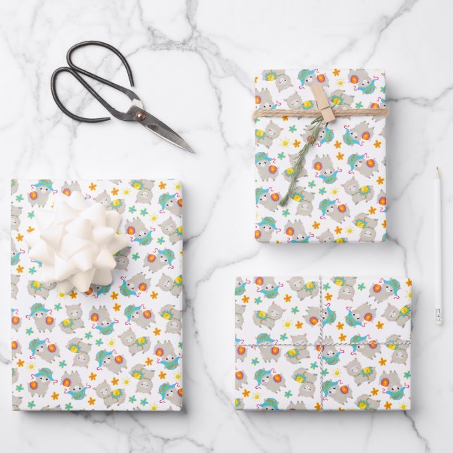 Feuille De Papier Cadeau Motif De Llamas, Cute Llamas, Alpacas, Fleurs (Recto)