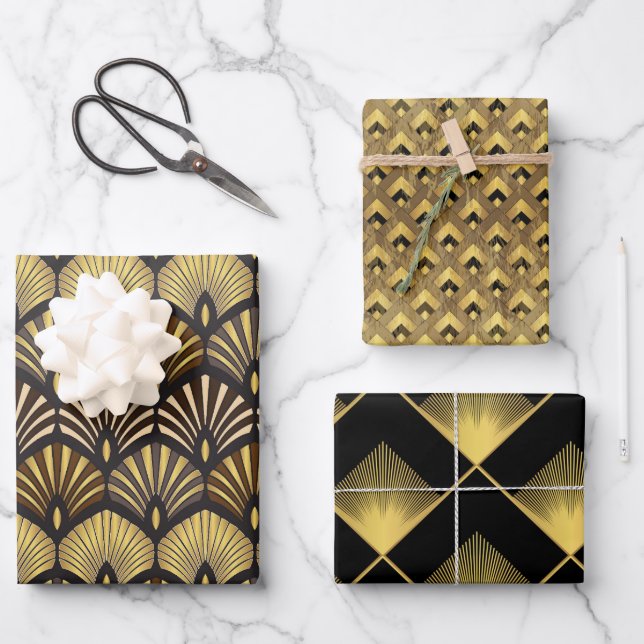 Feuille De Papier Cadeau Motif de luxe Art Déco Gold Black Geometry (Recto)