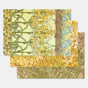 Feuille De Papier Cadeau Motif de lys Art nouveau d'Alphonse Mucha vintage