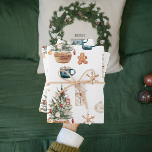 Feuille De Papier Cadeau Motif de Noël coloré tendance Aquarelle