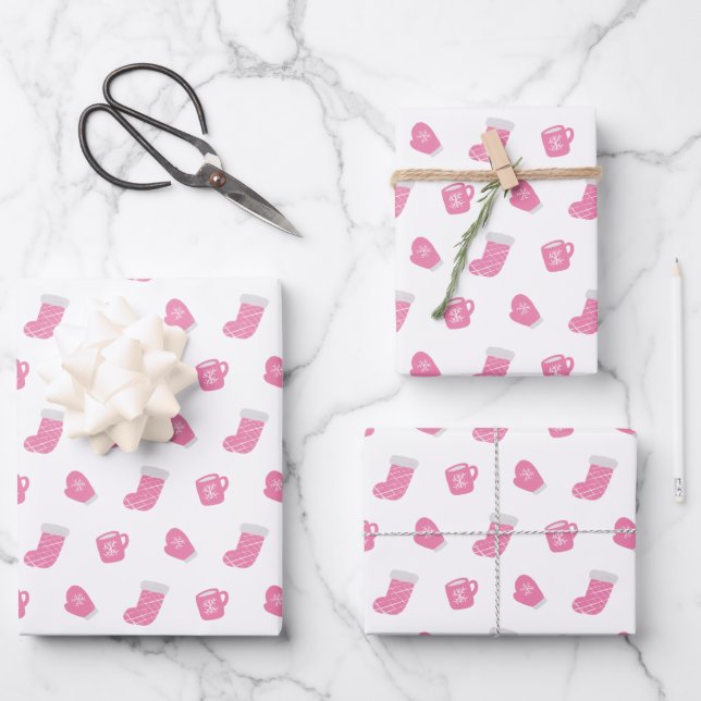 Feuille De Papier Cadeau Motif de Noël d'hiver rose (Recto)