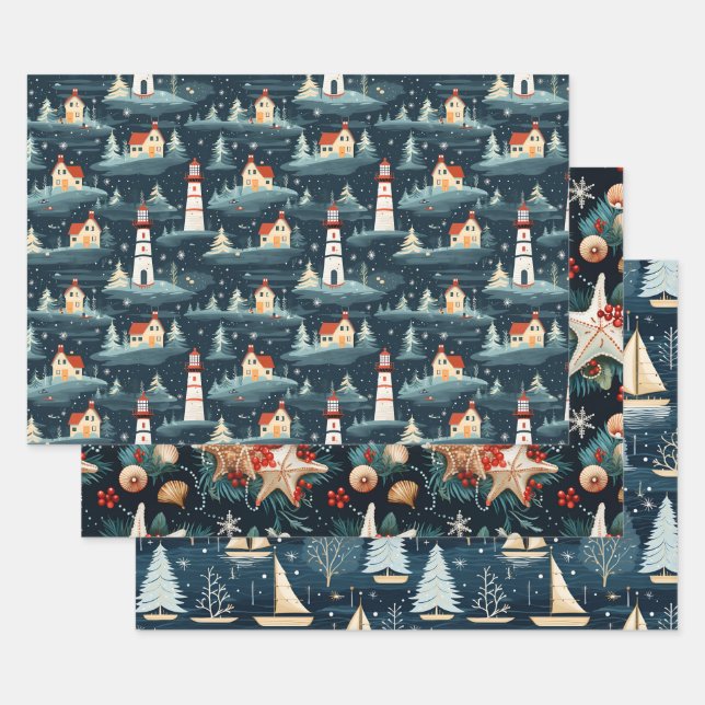Feuille De Papier Cadeau Motif de Noël rétro Nautique (Lot)