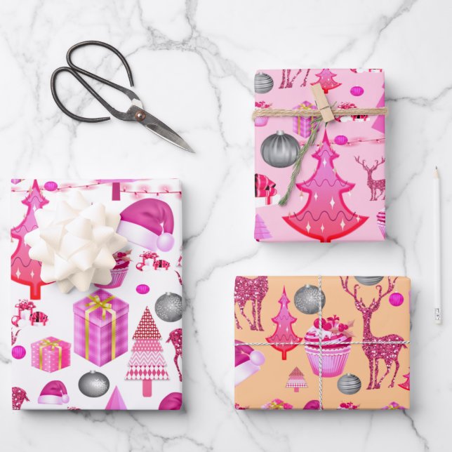 Feuille De Papier Cadeau Motif de Noël rose (Recto)