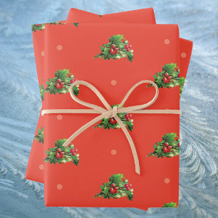 Feuille De Papier Cadeau Motif de Noël vintage avec plantes à baies de houx