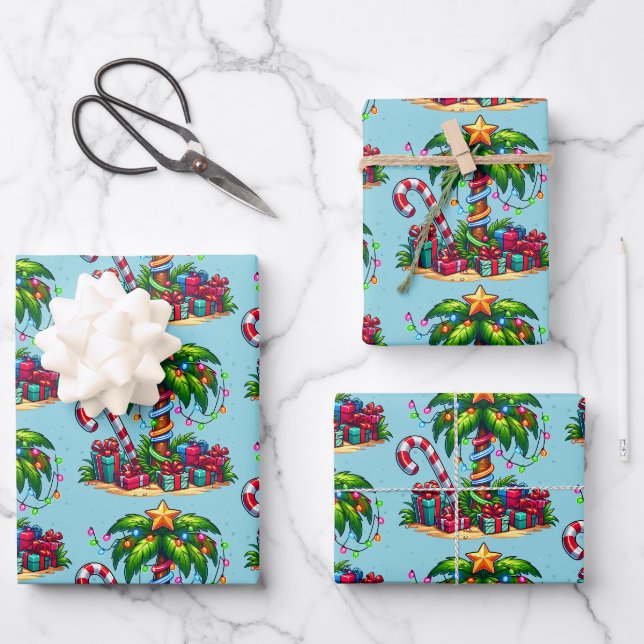 Feuille De Papier Cadeau Motif de palmier de Noël tropical (Recto)