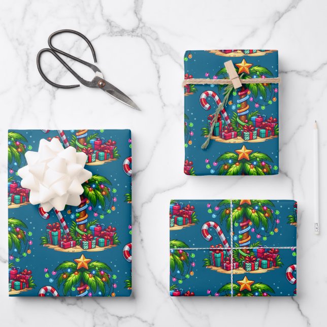 Feuille De Papier Cadeau Motif de palmier de Noël tropical (Recto)