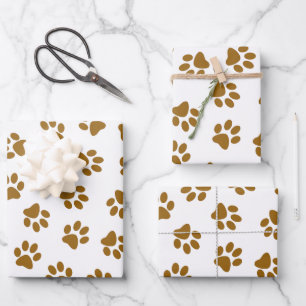 Feuille De Papier Cadeau Motif de pattes, pattes de chien, pattes dorées or