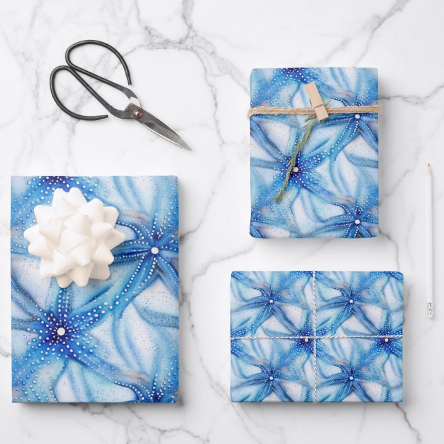 Feuille De Papier Cadeau Motif de plage bleu Starfish (Recto)