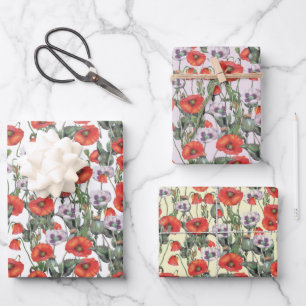 Feuille De Papier Cadeau Motif de Poppies rouges et violettes