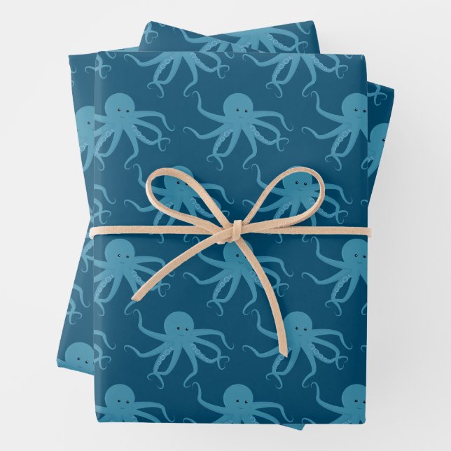 Feuille De Papier Cadeau Motif de poulpe Bleu animal (En situation)
