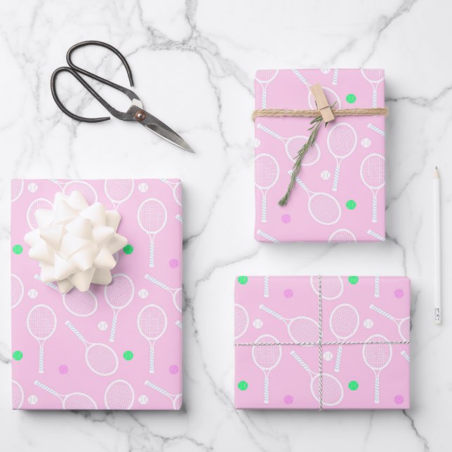 Feuille De Papier Cadeau Motif de raquette de tennis rose (Recto)