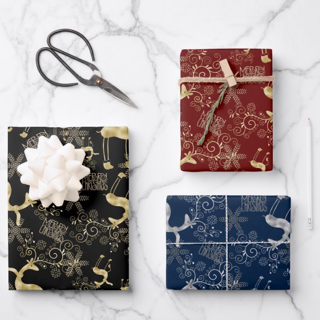 Feuille De Papier Cadeau Motif de rennes d'or et d'argent (Recto)