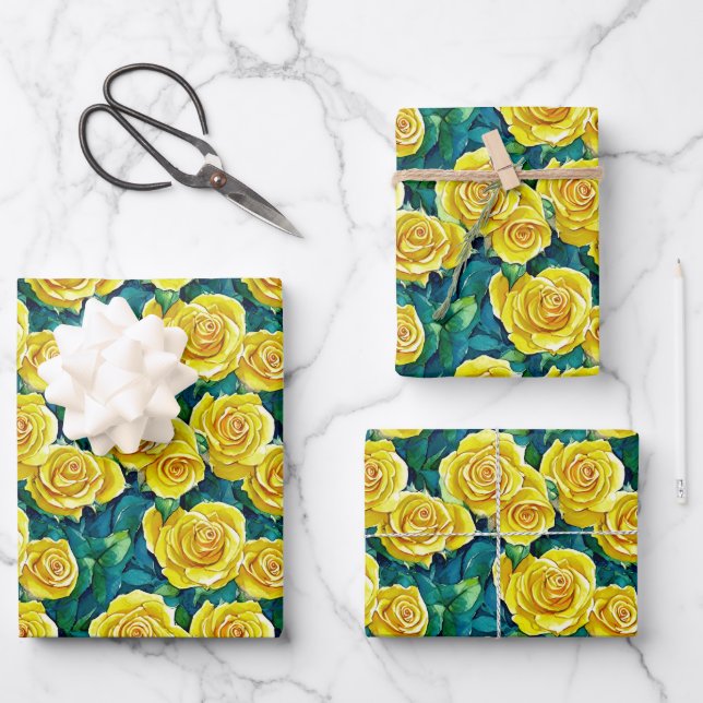 Feuille De Papier Cadeau Motif de Rose d'aquarelle jaune (Recto)