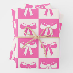 Feuille De Papier Cadeau Motif de rubans roses à carreaux coquette 