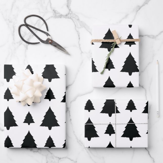 Feuille De Papier Cadeau Motif de sapin noir et blanc (Recto)