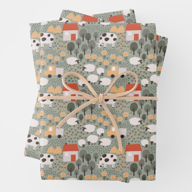 Feuille De Papier Cadeau Motif de scène de ferme mignonne (En situation)