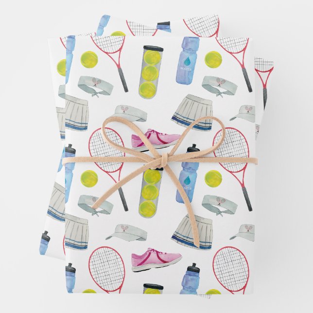 Feuille De Papier Cadeau Motif de tennis rose aquarelle (En situation)