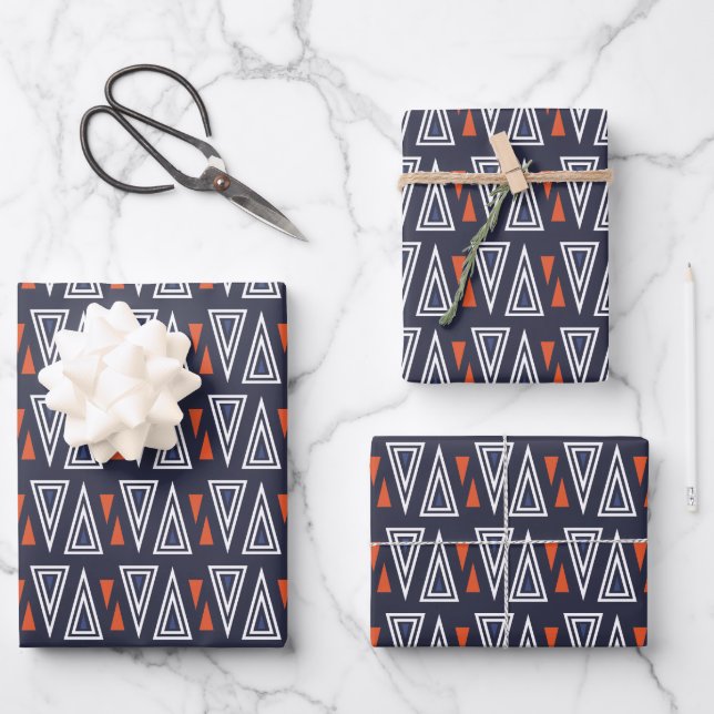 Feuille De Papier Cadeau Motif de triangles géométriques bleu foncé et roug (Recto)