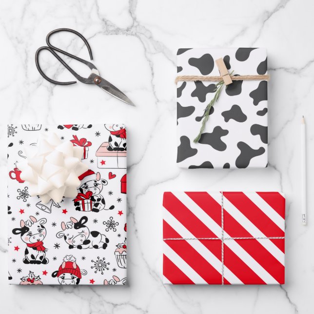 Feuille De Papier Cadeau Motif de vache de Noël fantaisiste (Recto)