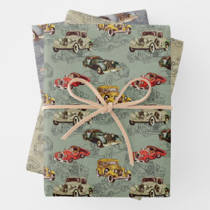 Feuille De Papier Cadeau Motif de voitures rétro aquarelle