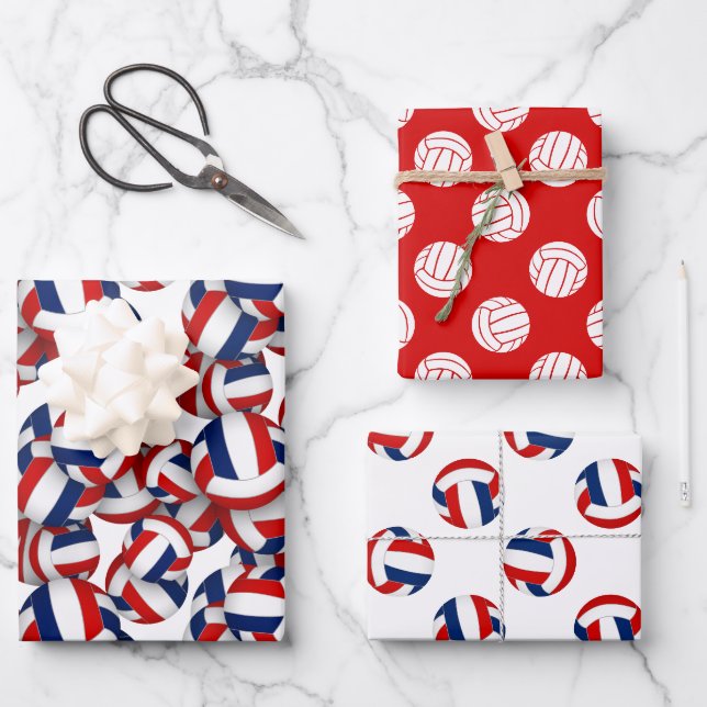 Feuille De Papier Cadeau motif de volleyballs bleu rouge à toute occasion (Recto)