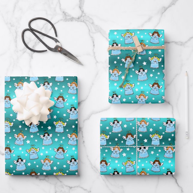 Feuille De Papier Cadeau Motif des anges célestes de Noël (Recto)