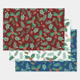 Feuille De Papier Cadeau Motif des saints de Noël et des cônes de pin