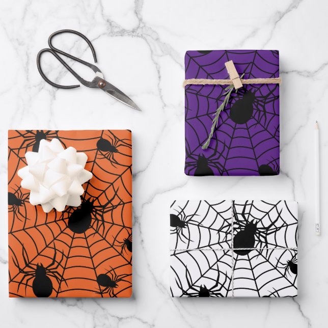 Feuille De Papier Cadeau Motif d'Halloween Black White araignées (Recto)