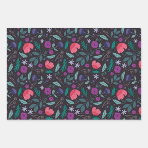 Feuille De Papier Cadeau Motif d'illustration florale rose et violet