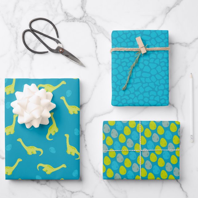 Feuille De Papier Cadeau Motif Dinosaur bleu (Recto)