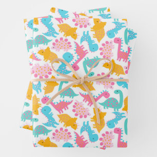 Feuille De Papier Cadeau Motif Dinosaur rose et Turquoise