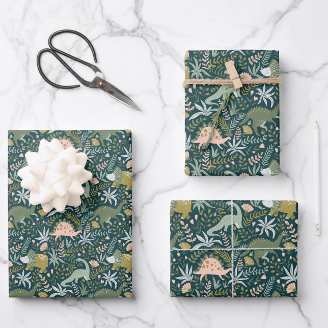 Feuille De Papier Cadeau Motif Dinosaur Vert (Recto)