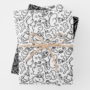 Feuille De Papier Cadeau Motif doodé noir et blanc