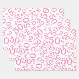 Feuille De Papier Cadeau Motif du numéro aléatoire rose et blanc du 50e a