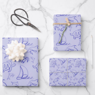 Feuille De Papier Cadeau Motif d'une ligne d'animal marin et voilier