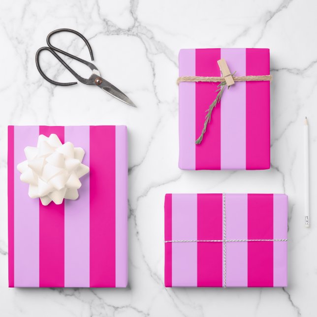 Feuille De Papier Cadeau Motif en bande rose et magenta (Recto)
