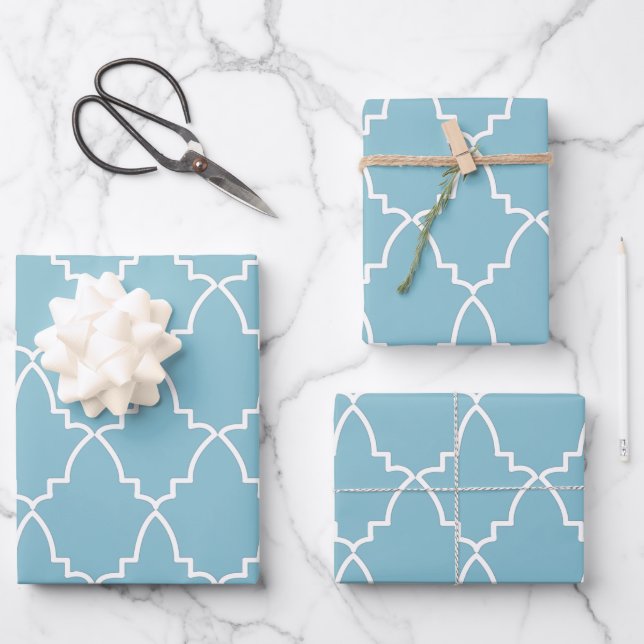 Feuille De Papier Cadeau Motif en treillis marocain bleu clair (Recto)