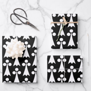 Feuille De Papier Cadeau Motif Ermine, Motif Médiéval, Blanc sur Noir