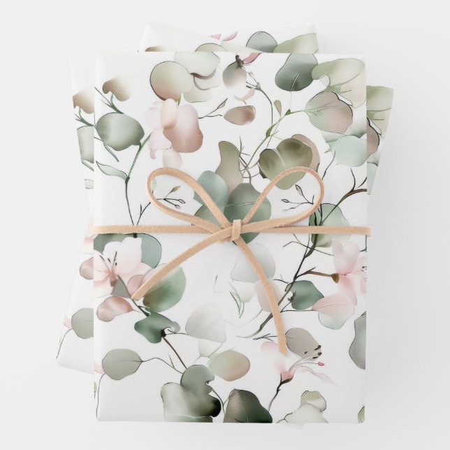 Feuille De Papier Cadeau Motif Eucalyptus aquarelle (En situation)