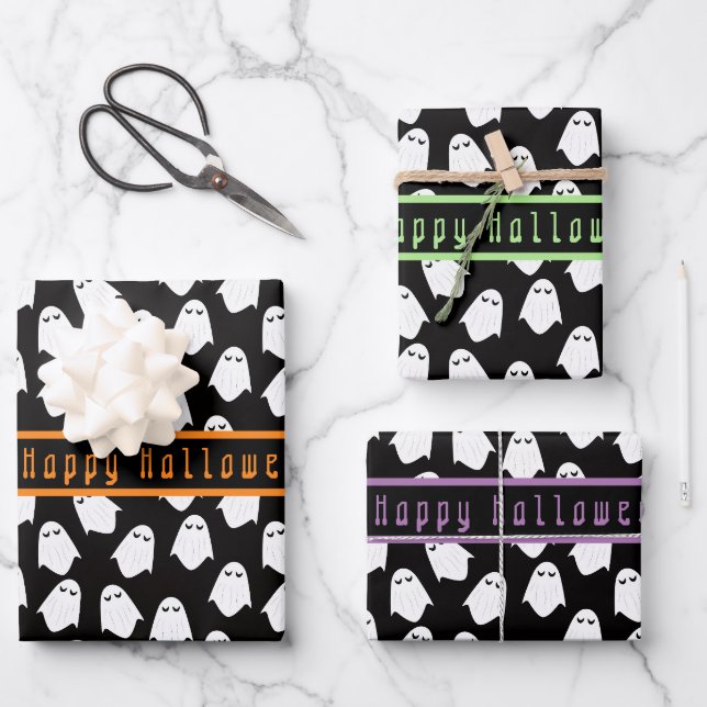 Feuille De Papier Cadeau Motif fantôme Halloween texte personnalisé (Recto)