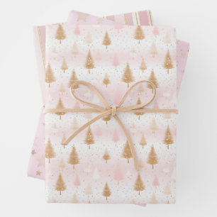 Feuille De Papier Cadeau Motif festif des arbres d'or rose mignonne