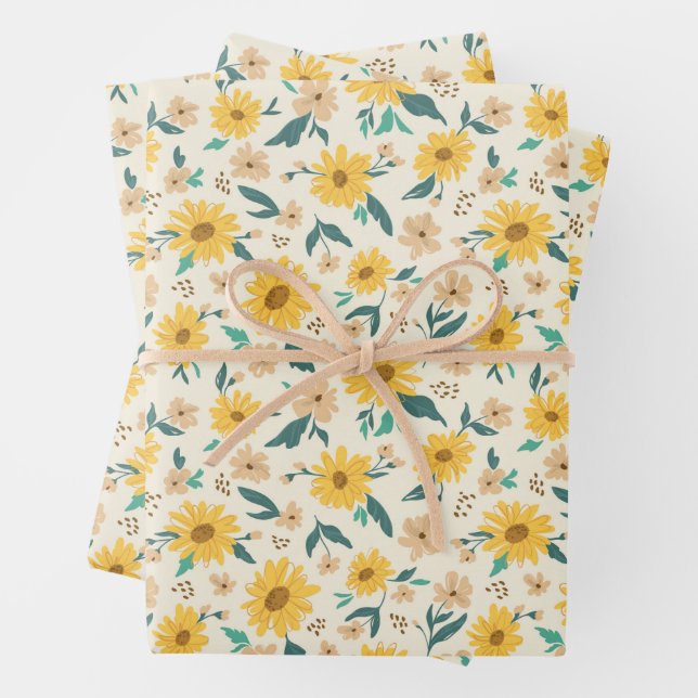 Feuille De Papier Cadeau Motif Fleur de marguerite jaune (En situation)
